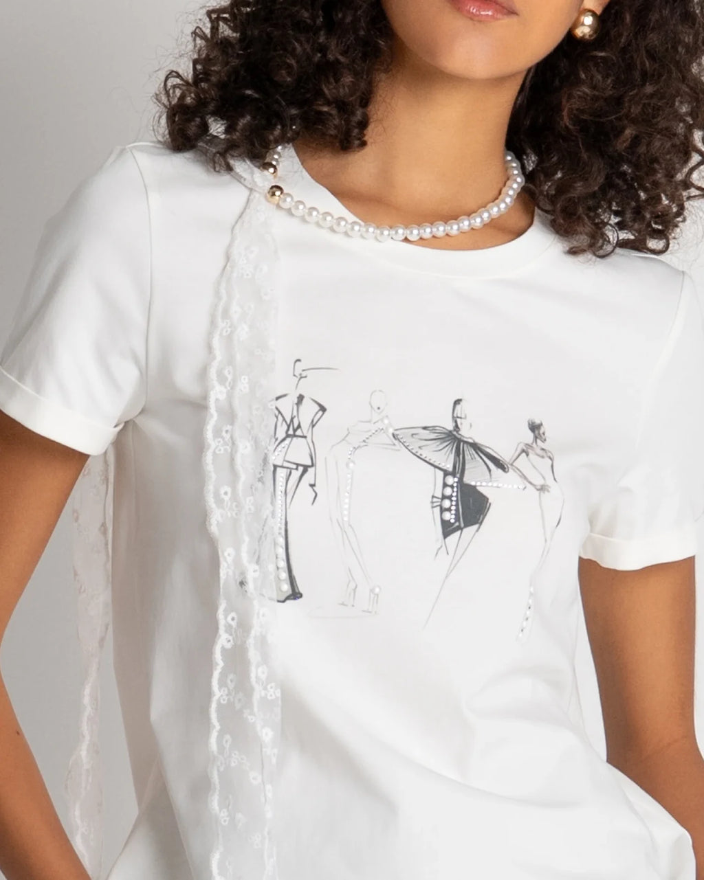 Fracomina - T-Shirt With Neck Lace Cream